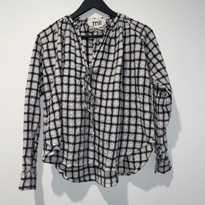 mii Dans L'Espace Black White Gingham Wool Cotton Tie Neck Blouse XS Handmade